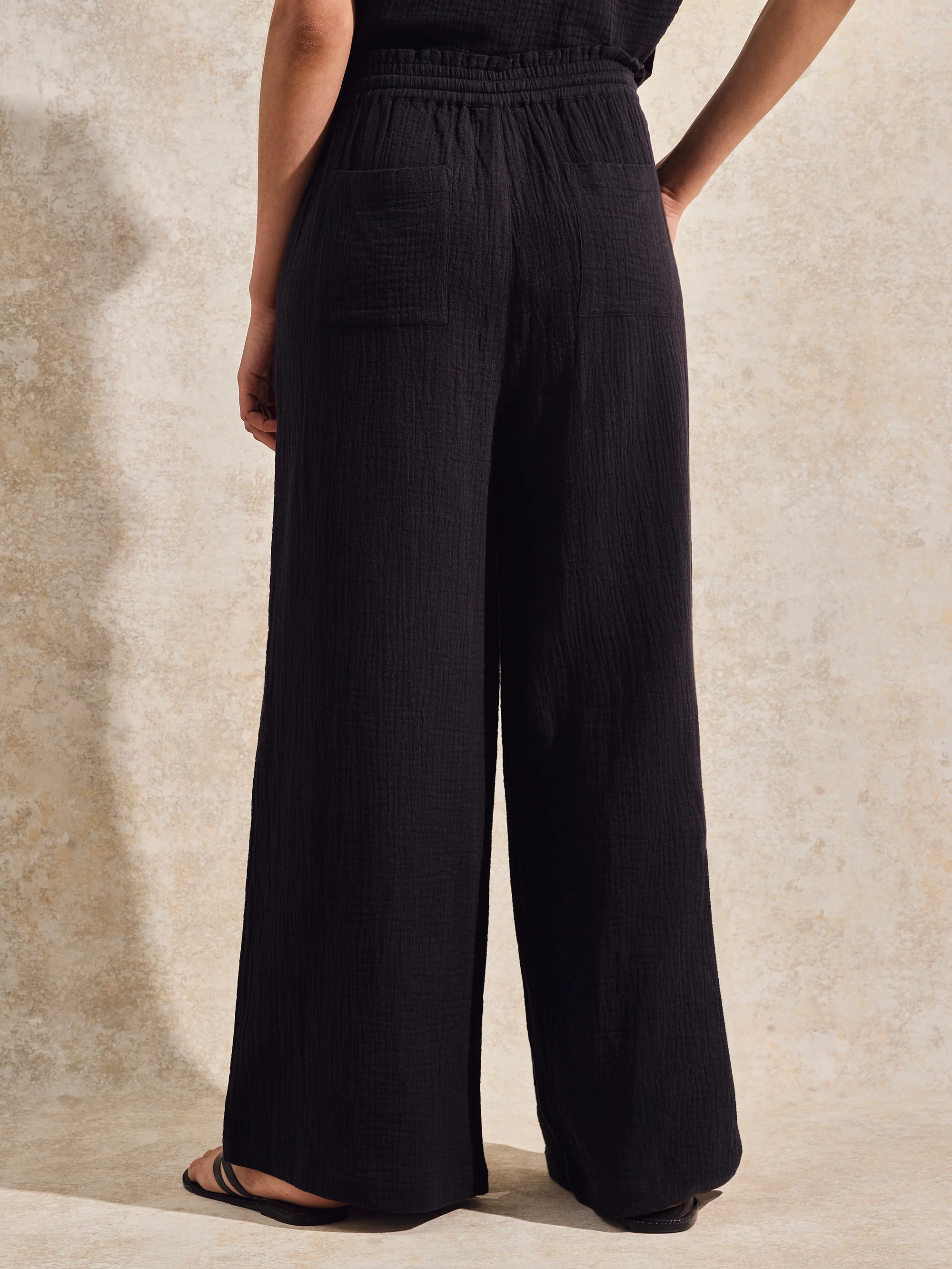 Petite Black Cheesecloth Wide-Leg Trousers